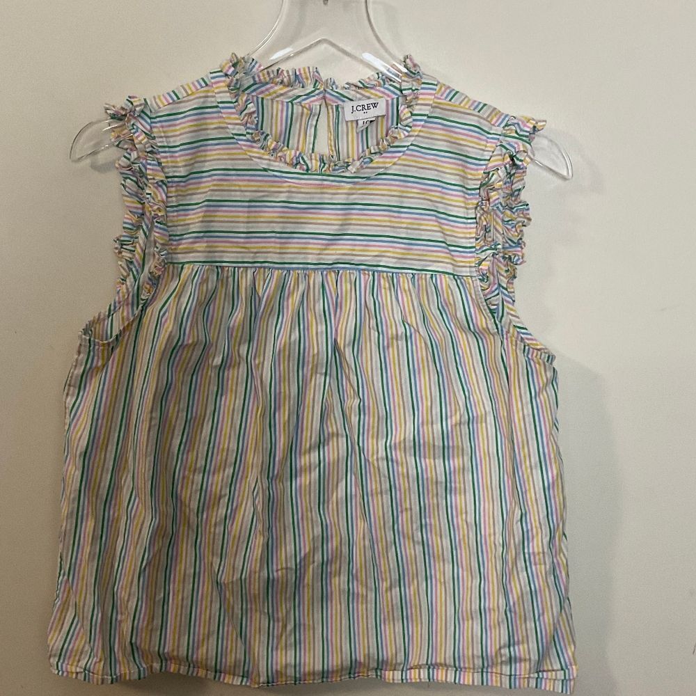 J Crew Ruffleneck Shirred Sleeveless Cotton Top Size 10 Rainbow Stripe